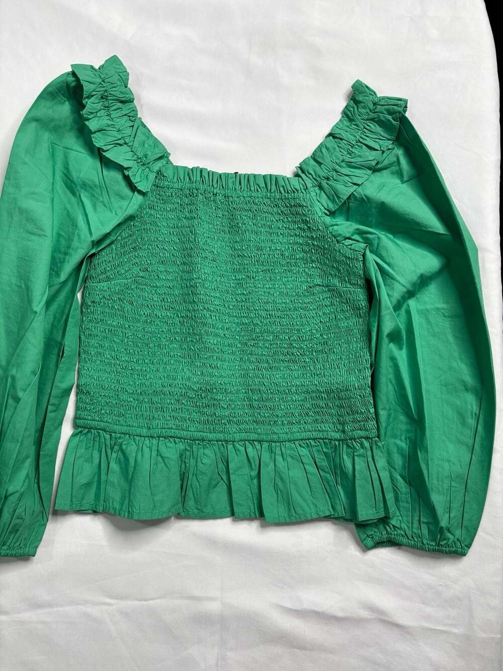 The Drop Marisol Long Sleeve Smocked Ruffle Top in Jade